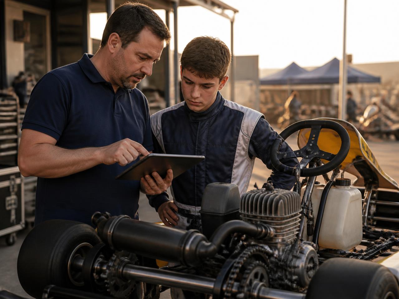 A coach and a young driver in a race suit reviewing data on a tablet beside a race kart