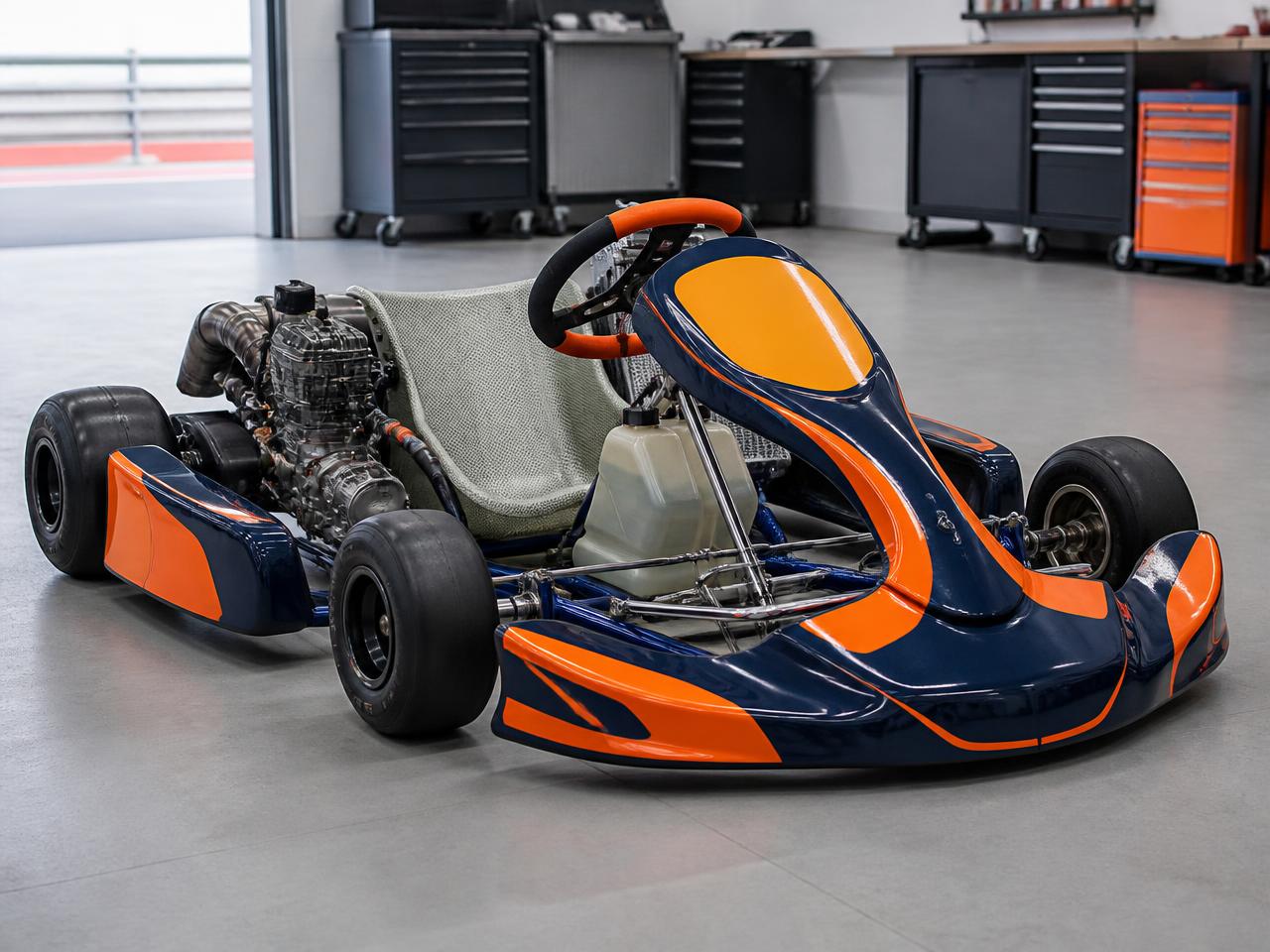 A complete Valora race kart in navy and orange livery ready in the workshop