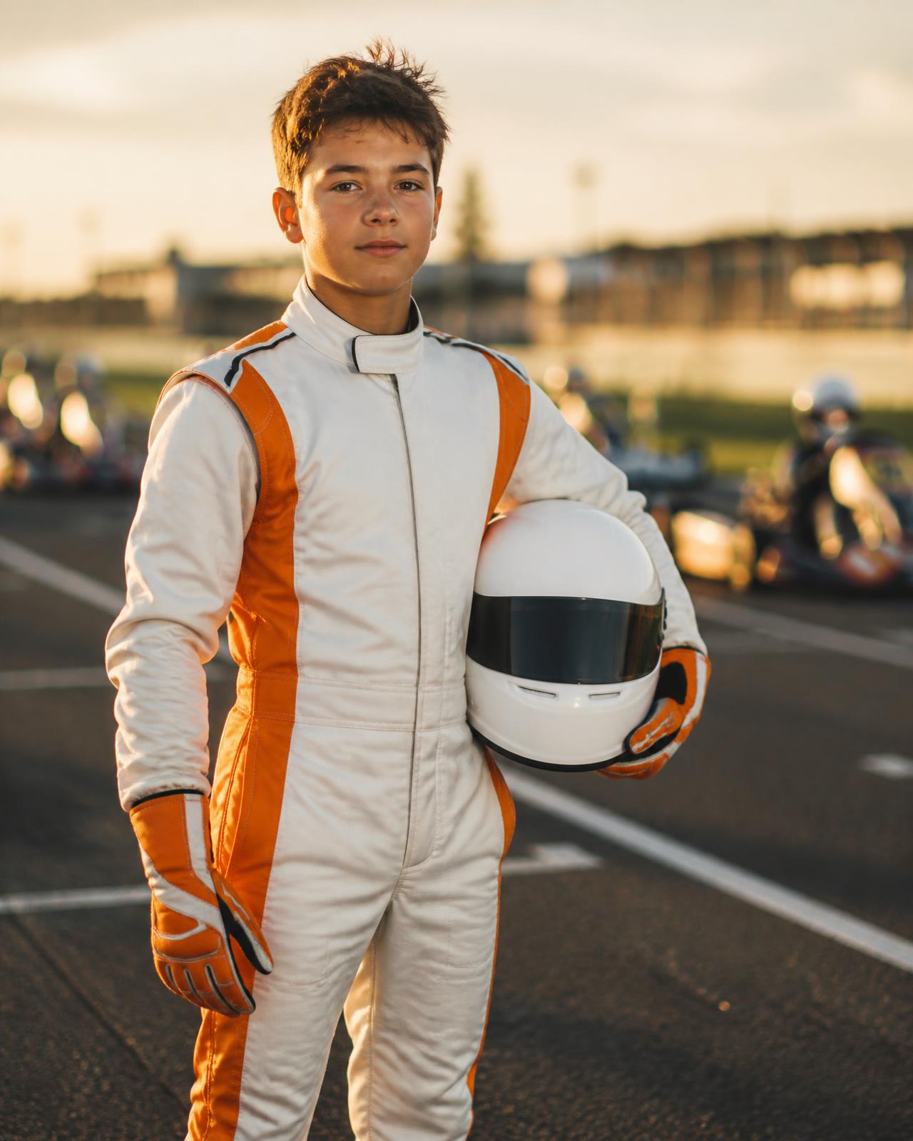 Young driver in race suit holding a helmet on the starting grid at sunset