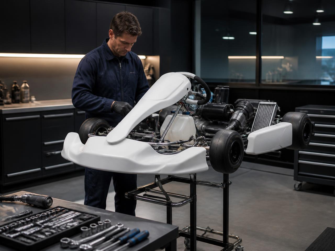 Mechanic preparing a race kart chassis on a stand in the Valora workshop