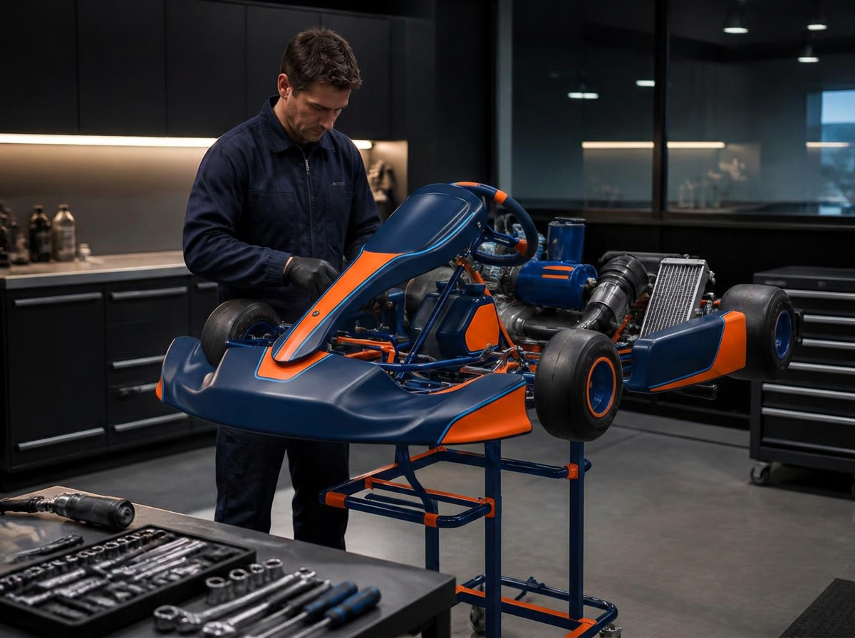 Mechanic preparing a race kart chassis on a stand in the Valora workshop